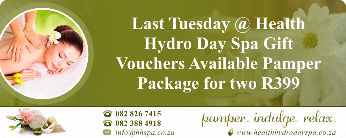 hhdayspa's tweet photo. Last Tuesday @ Health Hydro Day Spa Gift Vouchers Available Pamper Package for two R399
#HeathHydroDaySpa #SPA #DaySPA #cirobertson https://t.co/YChV2gXvGT