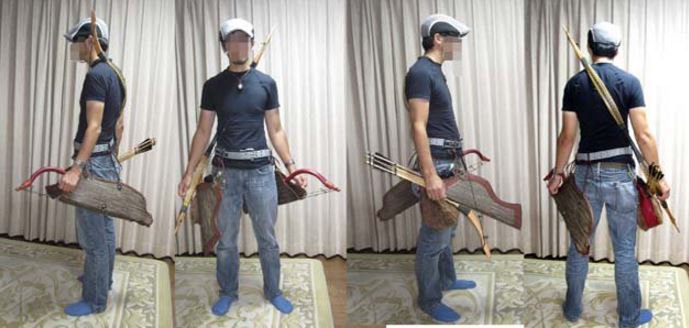 Keystone工房 弾弓 弓 入れ 弦掛けたままでの ボウクイーバーをどう装着するか の話があったので過去画像から 左から通常の弾弓を片方入れた状態 普通は弓 はタスキがけしない 中央弓入れを背負うパターンだがこれも普通はしない方法 右は弓矢と弾弓