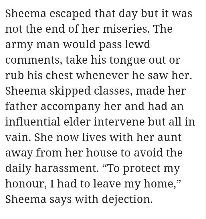 i_AWahab's tweet photo. #SexualViolenceInKashmir
She now lives with her aunt to avoid the daily harassment. She said “To protect my honour, I had to leave my home,” https://t.co/t0VAOt1LH4