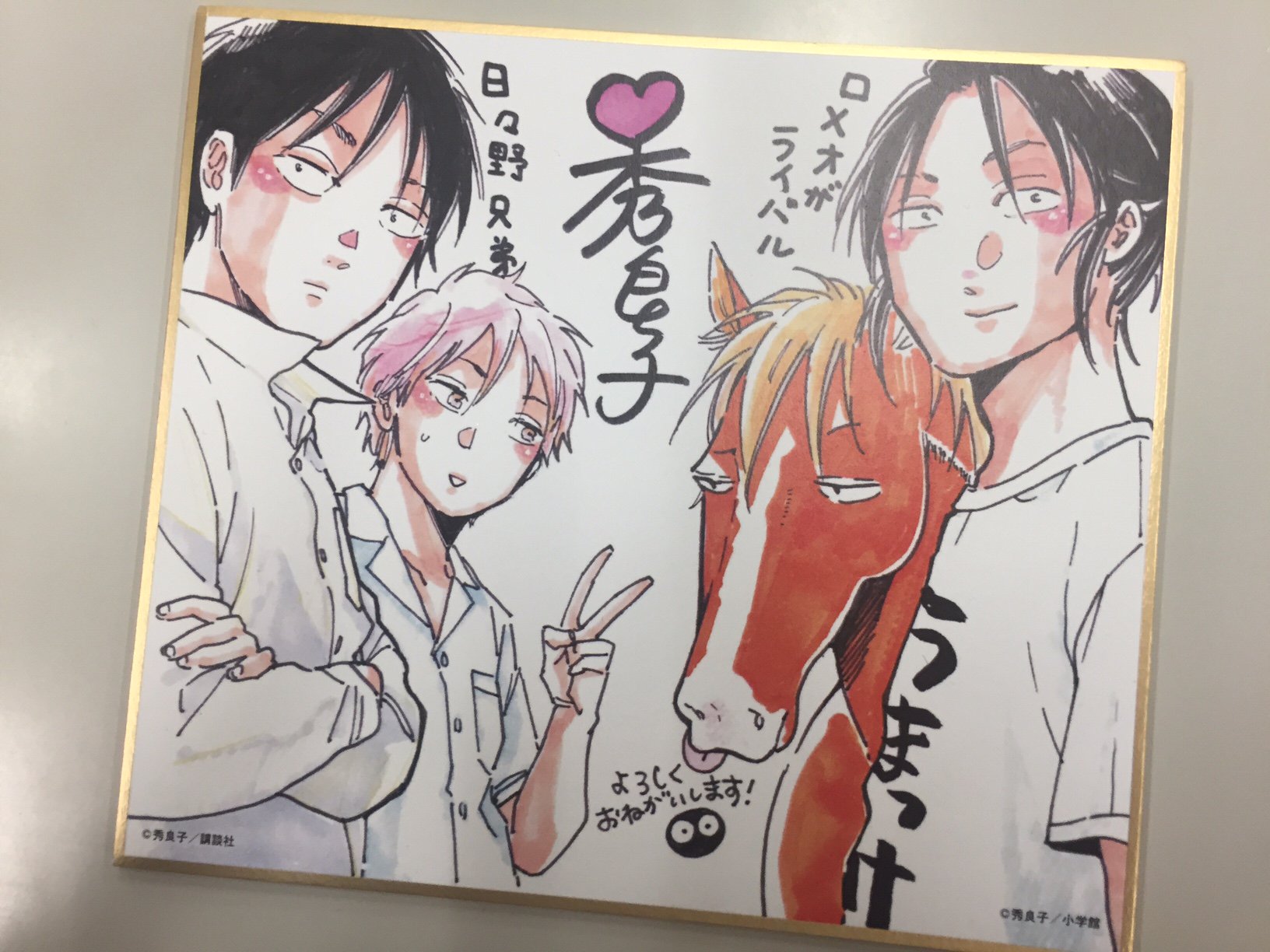 少年マガジンエッジ編集部 秀良子氏 日々野兄弟 発売中です ロメオがライバル 小学館 と両方購入 応募で描き下ろし小冊子が貰えたり 抽選で直筆サイン色紙が当たるフェアやってます 画像は書店さん用の複製ミニ色紙 かわいい男子とイケ馬