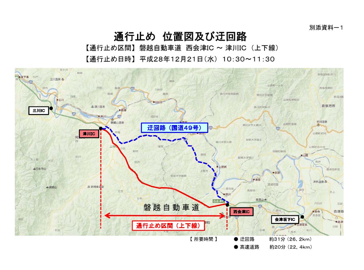 ট ইট র Nexco東日本 東北 通行止情報 磐越道 西会津ic 津川ic間 上下線 において 12 21 水 10時30分 11時30分まで交通事故見分のため通行止めを実施します ご迷惑をおかけしますがご協力をお願いします 詳しくはhttps T Co 3rzrpaatln
