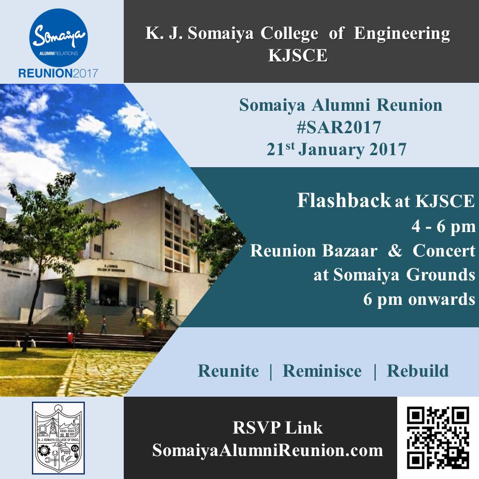 AlumniCellKJSCE's tweet photo. Calling all the Alumni! Join your fellow Somaiyans in the #SomaiyaAlumniReunion on Saturday,21st January 2017! https://t.co/dZjJVgkVcC