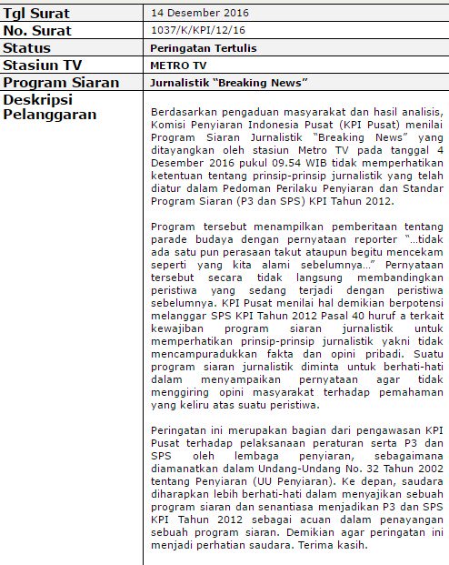 BoikotMetroTV's tweet photo. Metro TV mendapat peringatan dari @KPI_Pusat terkait pernyataan reporternya pada Parade Kita Indonesia, 4 Desember lalu. #BoikotMetroTV https://t.co/g1nAJUuyzM
