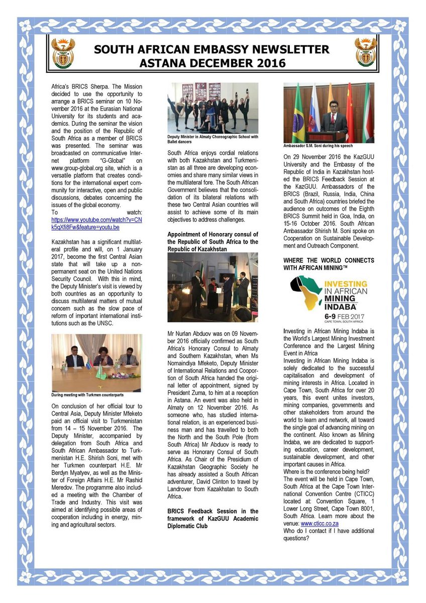 SAEmbassyKZ's tweet photo. South African Embassy Newsletter December 2016 https://t.co/LVbbmTSs2m