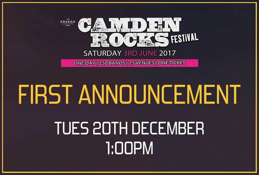 Camden Rocks Fest (@camdenrocksfest) on Twitter photo ANNOUNCEMENT TODAY ★ <a href="/CamdenRocksFest/">Camden Rocks Fest</a> are back bigger than ever!
One Day | 250 Bands | 25 Venues | One Ticket. See: po.st/CRF17 ANNOUNCEMENT TODAY ★ <a href="/CamdenRocksFest/">Camden Rocks Fest</a> are back bigger than ever!
One Day | 250 Bands | 25 Venues | One Ticket. See: po.st/CRF17