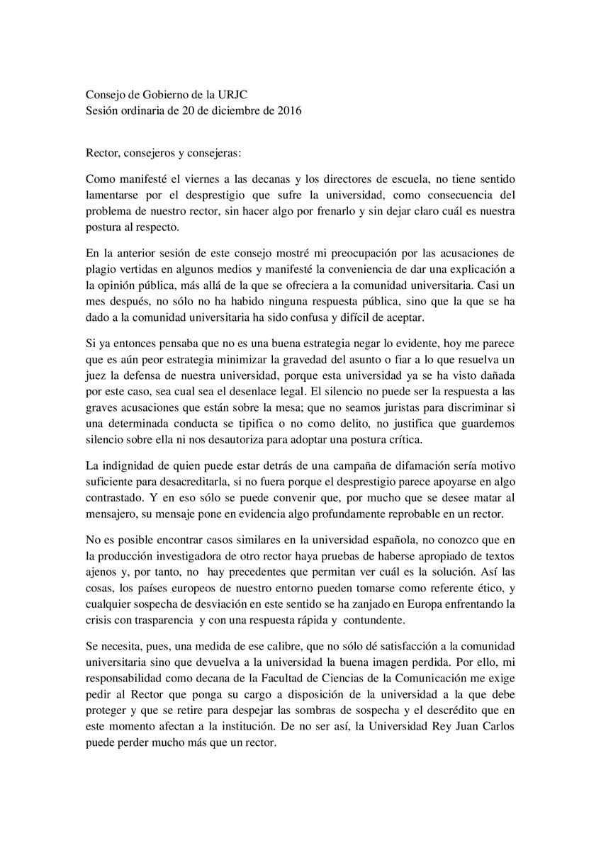 Aquí tenéis la intervención de Mercedes del Hoyo, decana de Comunicación pidiendo la dimisión del rector