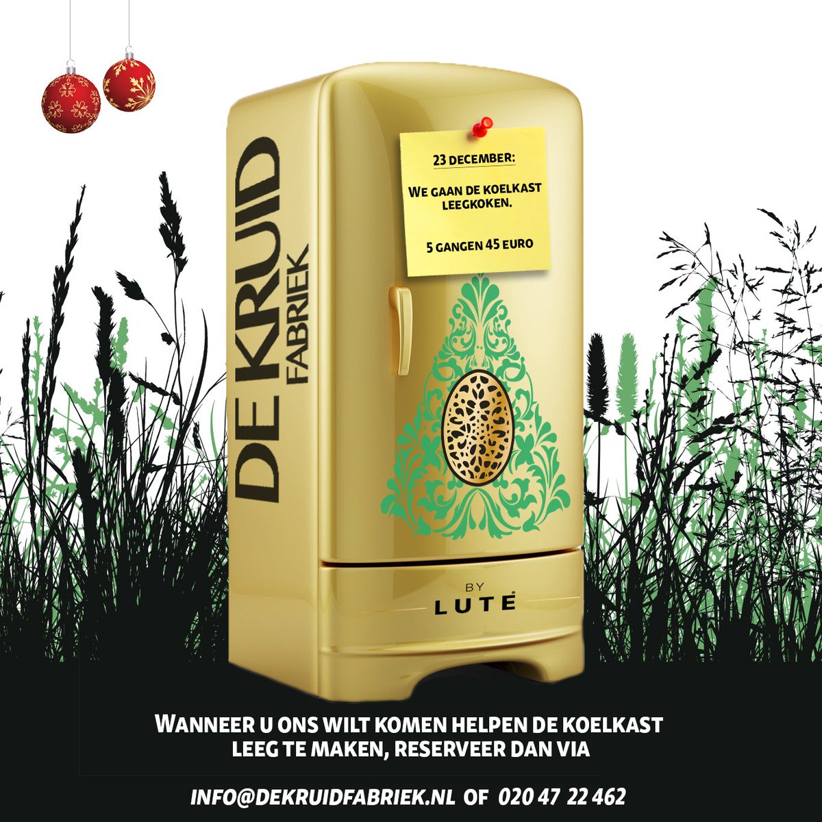 As. vrijdag koken wij onze koelkasten leeg! 5 gangen voor €45,-. reserveren kan via info@dekruidfabriek.nl of 0204722462.