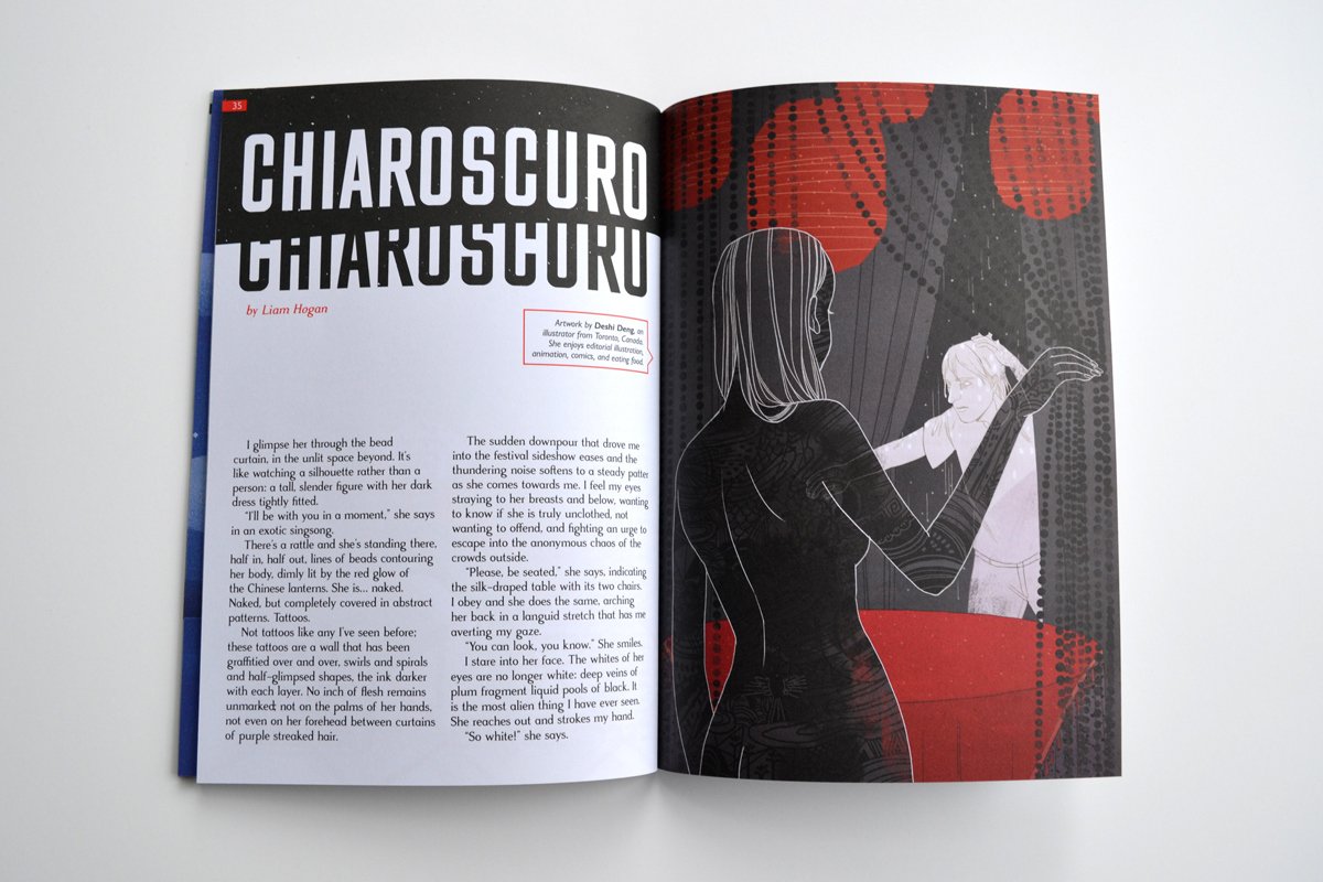 FirewordsMag's tweet photo. .@deshideng's wonderful Dark/Light artwork for the short story 'Chiaroscuro'. See it IRL in #Firewords7 https://t.co/IaHWNR8AWJ 🌓 https://t.co/9F6c7KCuhs