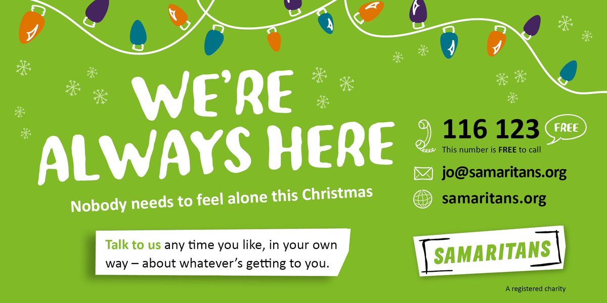samaritans's tweet photo. 1 in 15 people have spent Xmas/New Year alone. @samaritans is here 365 days a year and can be reached, for free, by dialling 116 123 https://t.co/3AXMz0suEi