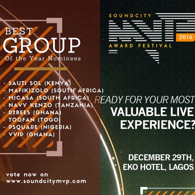 SOUNDCITYtv's tweet photo. . @SautiSol from Kenya! is up for #SoundcityMVP2016 in the BEST GROUP OR DUO category. 

Vote on https://t.co/XHYma1QmkI ! https://t.co/Dms97KXnj2
