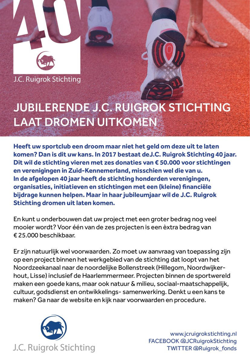 Ruigrok_fonds's tweet photo. Dromen uit laten komen? Volg ons op twitter en Facebook @JCRuigrokStichting #JCRS40 @hdhaarlem @ijmuidercourant @Haarlem105 @omroepbo https://t.co/k8Dmxq31hq