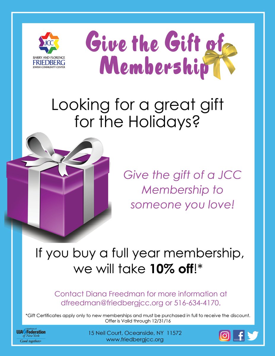 Looking for a great Holiday gift?
Gift the gift of JCC membership to someone you love.
Contact Diana Freedman, dfreedman@jfriedbergjcc.org