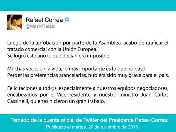 PPancia's tweet photo. "Luego de la aprobación por parte de la Asamblea, acabo de ratificar el tratado comercial con la Unión Europea" @MashiRafael https://t.co/BKlLL0OvXv