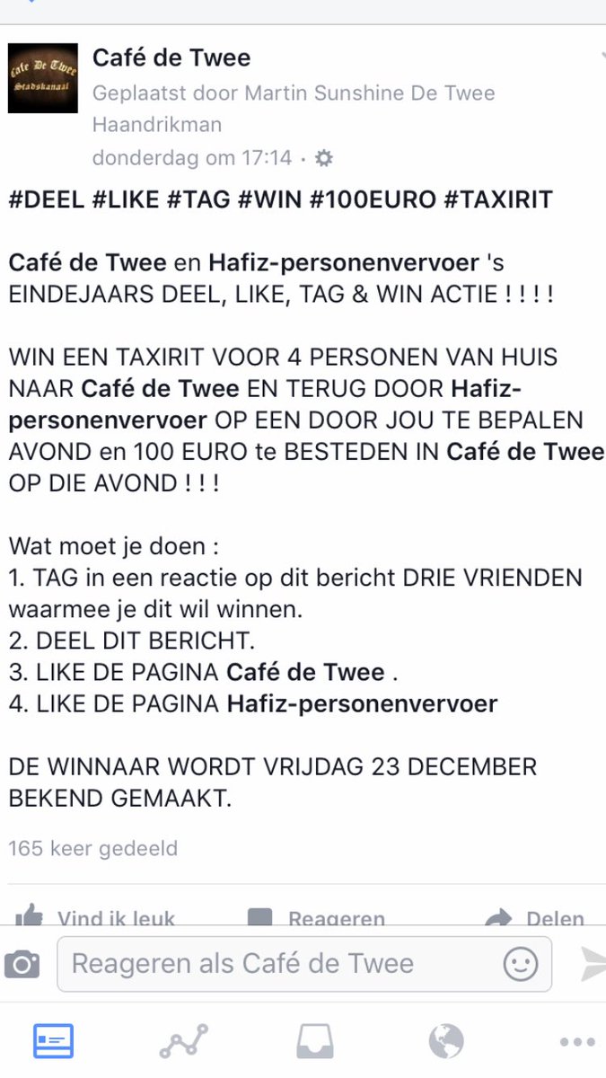 Win een 4 pers. taxirit en €100 drinktegoed!
Zie Facebook Café de Twee