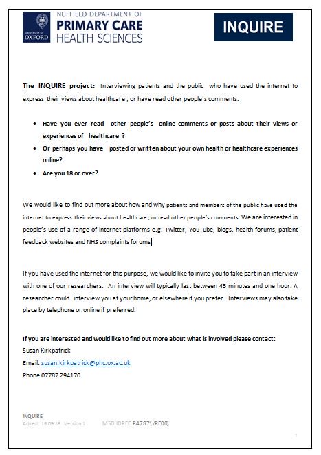 SusanfromOxford's tweet photo. @salma_patel pls RT advert for #INQUIREUK study abt online #patientfeedback @SusanHerg #OxPrimaryCareSci we want ppl to tell us their story https://t.co/Mt7bvHtz8i
