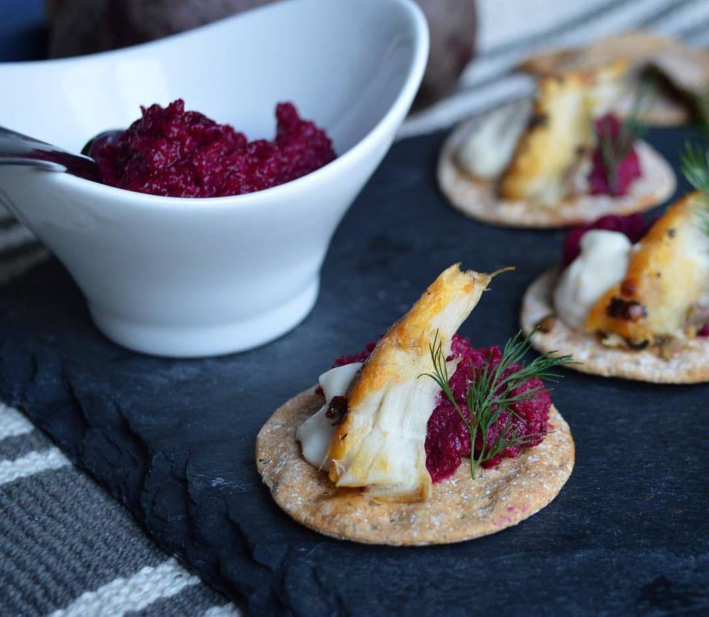 Perfect for Christmas! Peppered mackerel w/ spiced beetroot &amp; horseradish #canapes #events #christmas