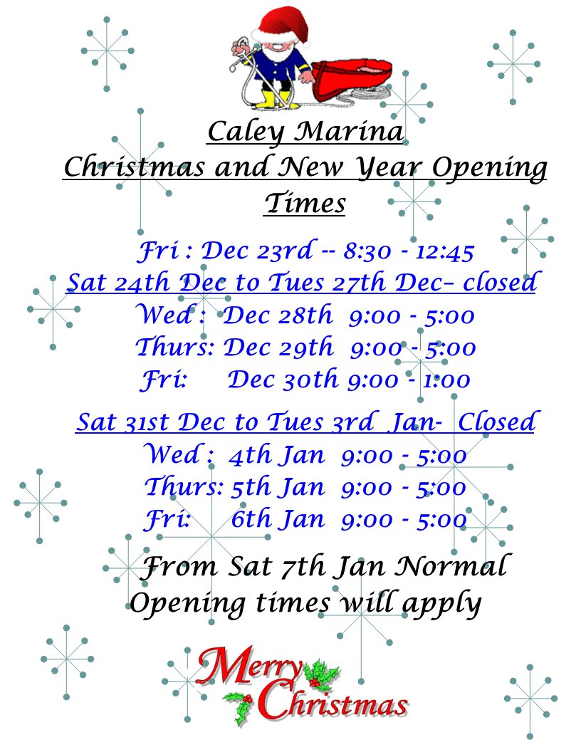 Find below our opening times over the Christmas and New Year period. Merry Christmas and a Happy New Year to you from all <a href="/CaleyMarina/">Caley Marina</a>