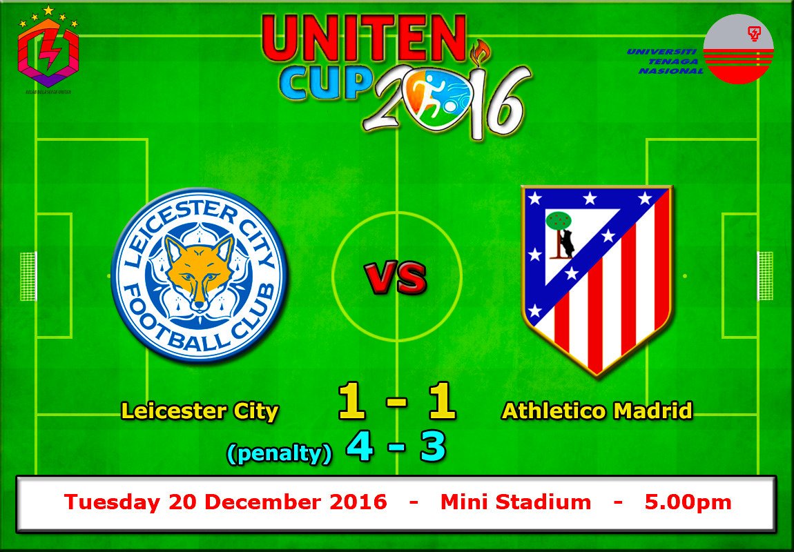 unitencup1617's tweet photo. FULL TIME 

Goal scorer:
Leicester City
1. Theeban Raaj

Athletico Madrid
1. Amirul Jailani https://t.co/1zeXJITu24