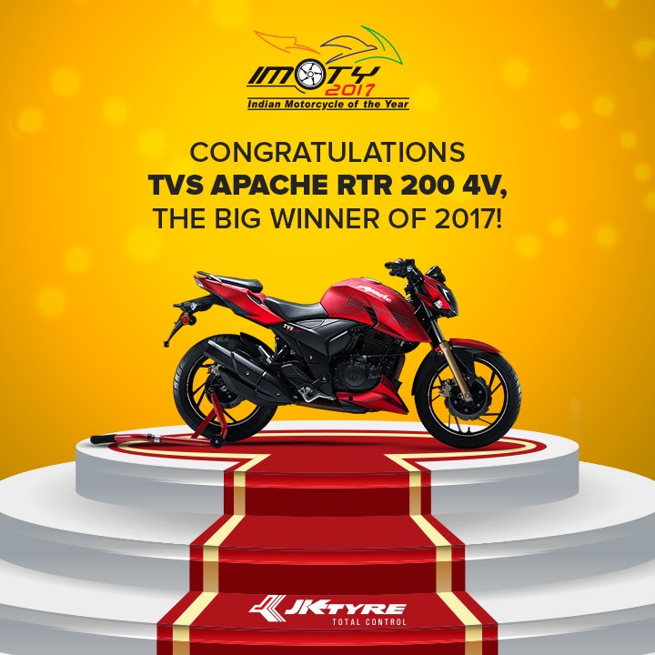 JKTyreCorporate's tweet photo. TVS Apache RTR 200 4V bags the Indian Motorcycle of the Year 2017. #JKTyreIMOTY https://t.co/ODtPLf2NzZ