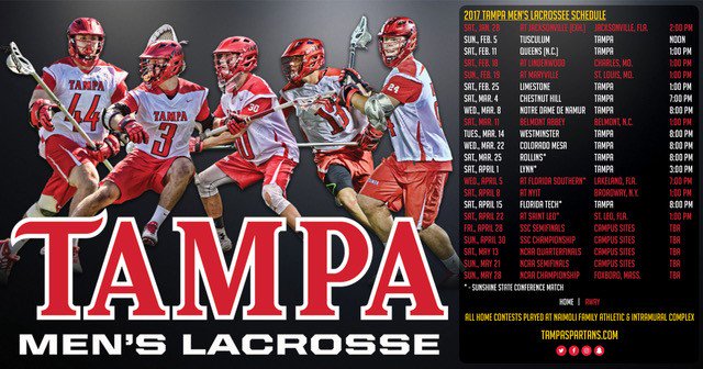 tampaspartans's tweet photo. Here is the 2017 Tampa men's lacrosse schedule. Spartans are 3-time defending SSC champions. #UTMLax #StandAsOne https://t.co/j5U0s8ddVY