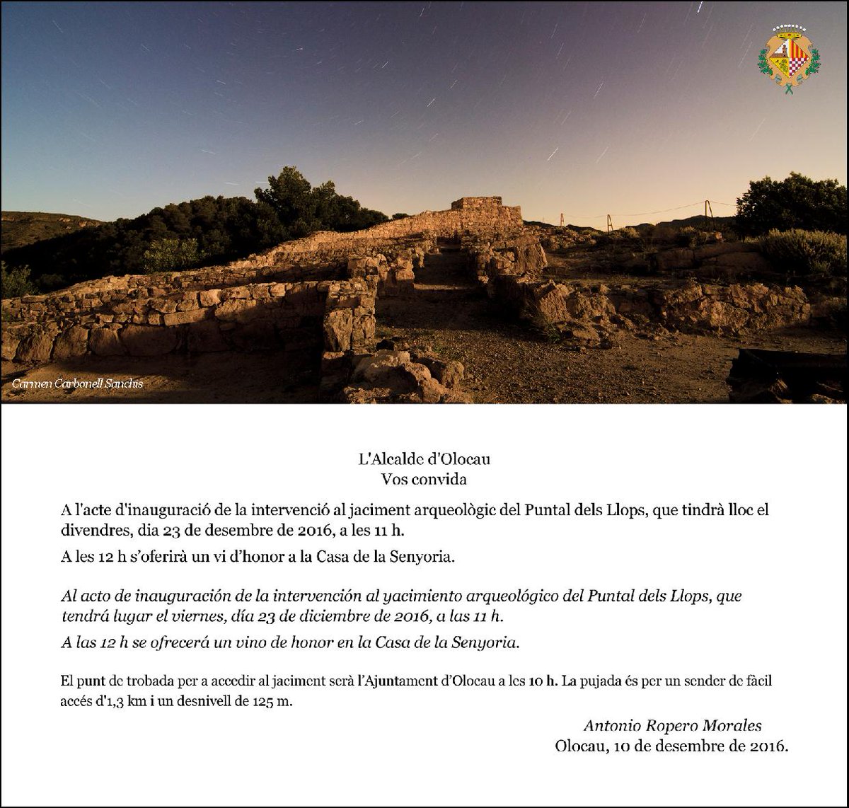 El próximo viernes a las 11:00 h. inauguración de la intervención al yacimiento arqueológico del Puntal dels Llops de Olocau.