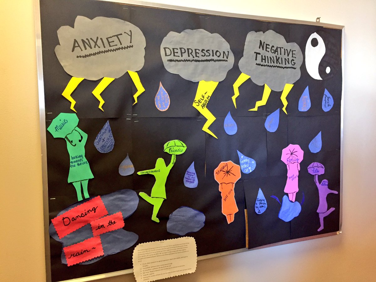 MLWestphal's tweet image. The anxiety and depression girls' group at the @RosecranceNews Dakota Clinic made this bulletin board that hangs in the hallway.