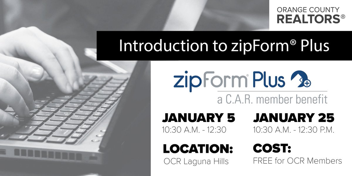 the_ocrealtors's tweet image. Don’t miss out on our Introduction to zipForm® Plus classes in January. It’s a FREE member benefit.  ocar.org #zipForm
