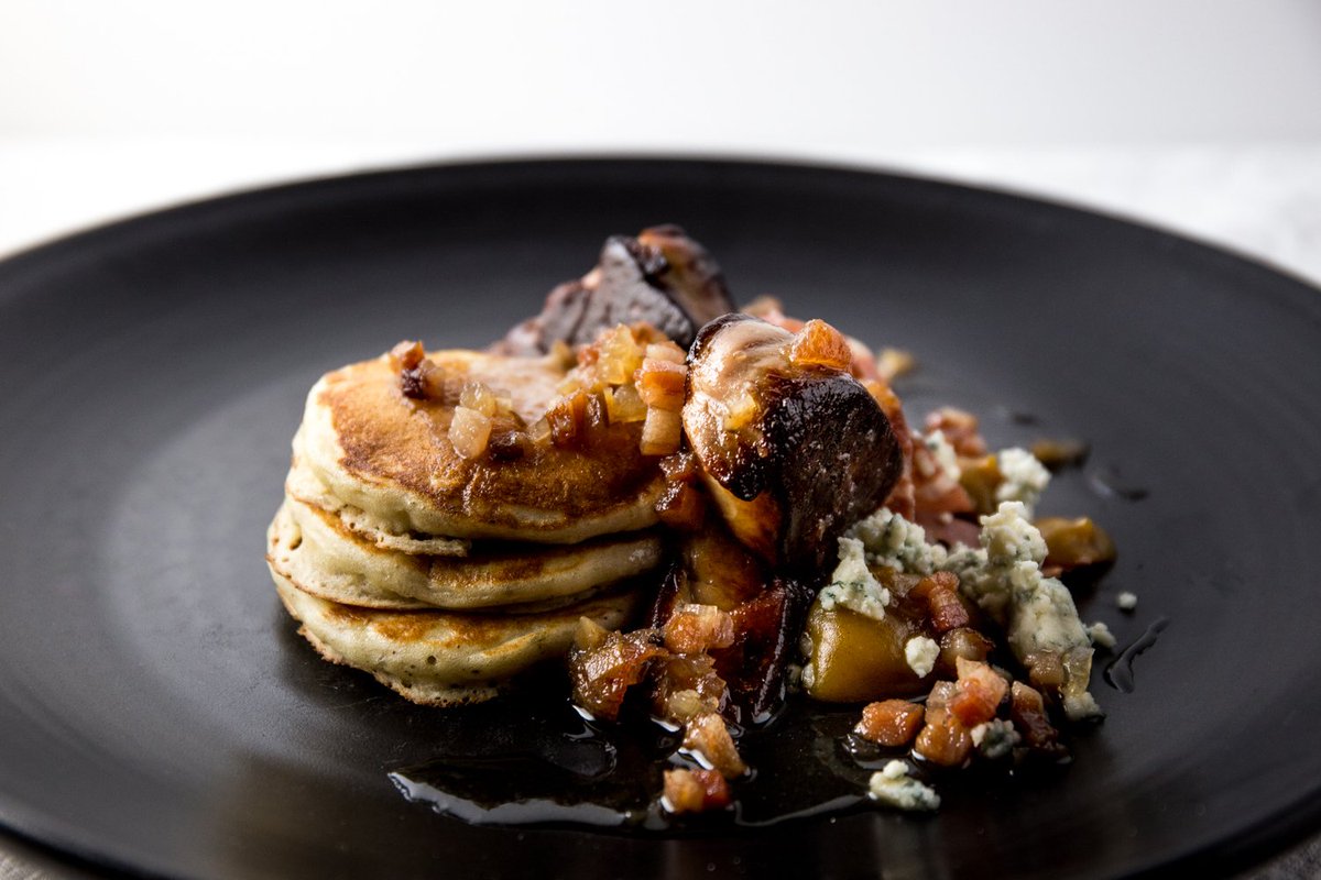 Seared Hudson Valley Foie Gras, black pepper buttermilk pancakes, maple-date chestnut compote, prosciutto, point reyes blue.