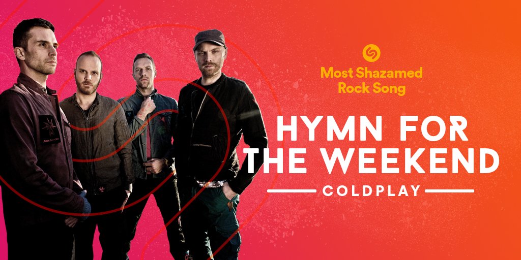 coldplay's tweet image. It's just been announced by @Shazam that Hymn For The Weekend was the Most Shazamed Rock Song of 2016! A #HFTW