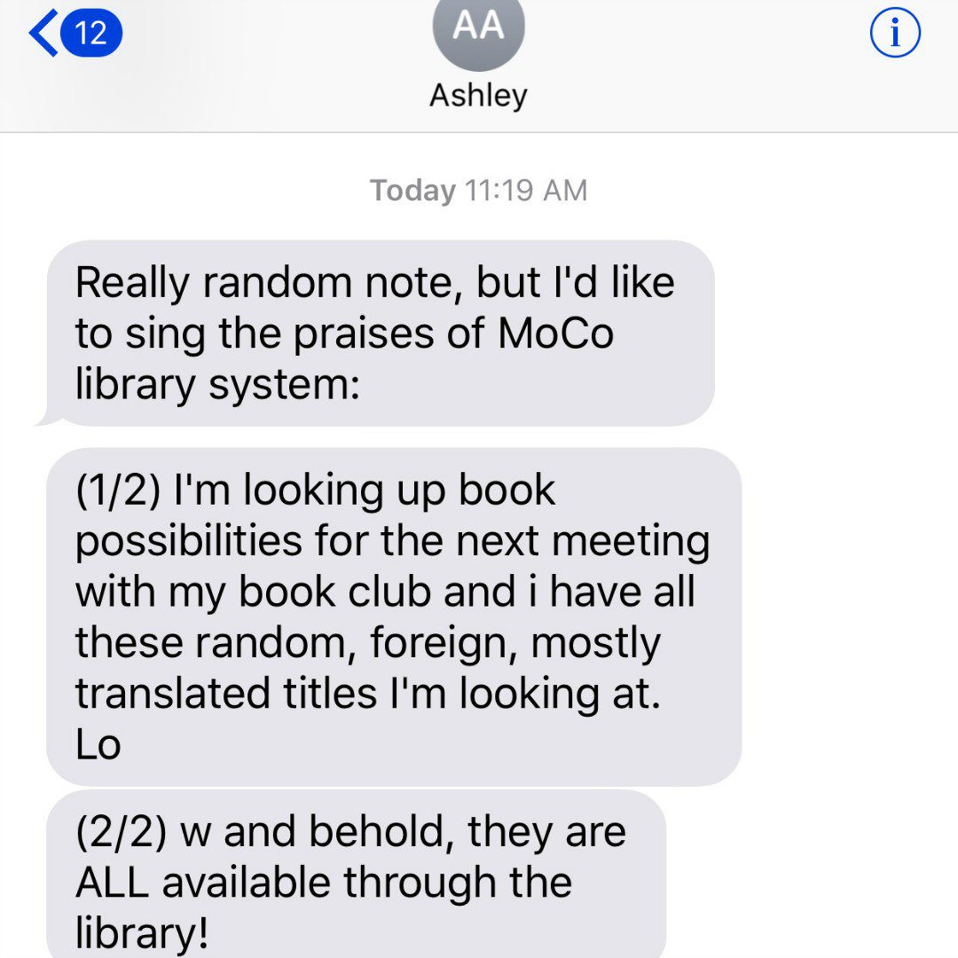 MCPL_Libraries's tweet photo. We 💖 happy customers! Unprompted texts/feedback like this remind us why we love our job.  #DelightedMoCo #Lucky https://t.co/LlandDDViE