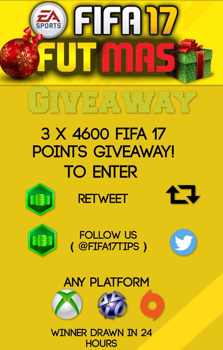 FIFA18Tips's tweet photo. 3 x 4600 FIFA 17 Points giveaway, to enter just retweet and follow, winners drawn in 24 hours! https://t.co/aDNdA0JIaQ