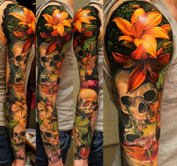 #tattoo #TattooDesigns #tattooart #skull #color #Flowers #orange