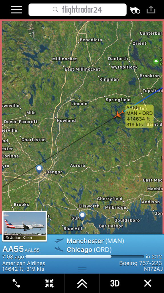 FlightIntl's tweet photo. Diversion: Flight #AA55 from Manchester to Chicago seems to be diverting to Bangor
https://t.co/Hr6fVRm9XO https://t.co/Gi5qg2cRXO