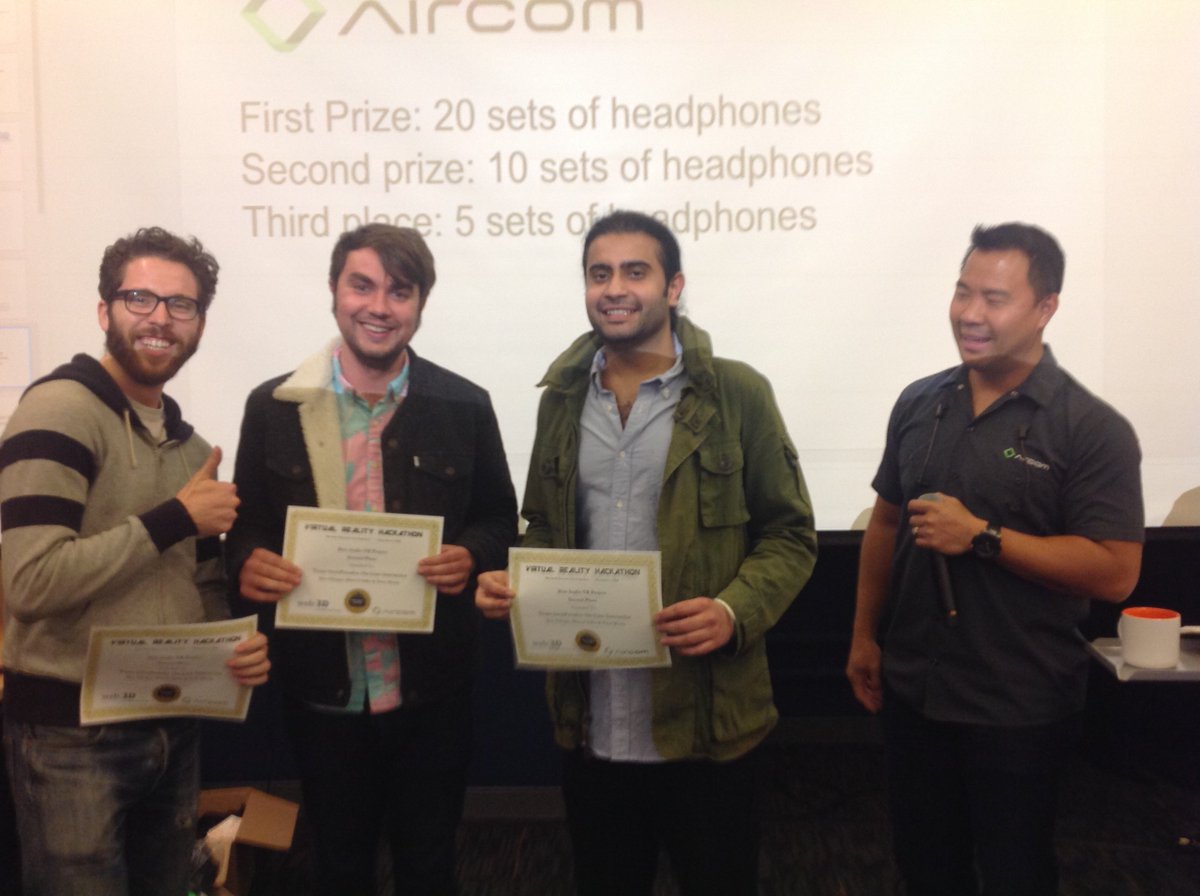Web3DConsortium's tweet photo. Award Ceremony @vrhackathon San Francisco 4 DEC 2016, Team "InterParadox On-Line Interactive" 2nd Place, Best Audio https://t.co/zLZWS02Vkf https://t.co/H0ZNmntPTN