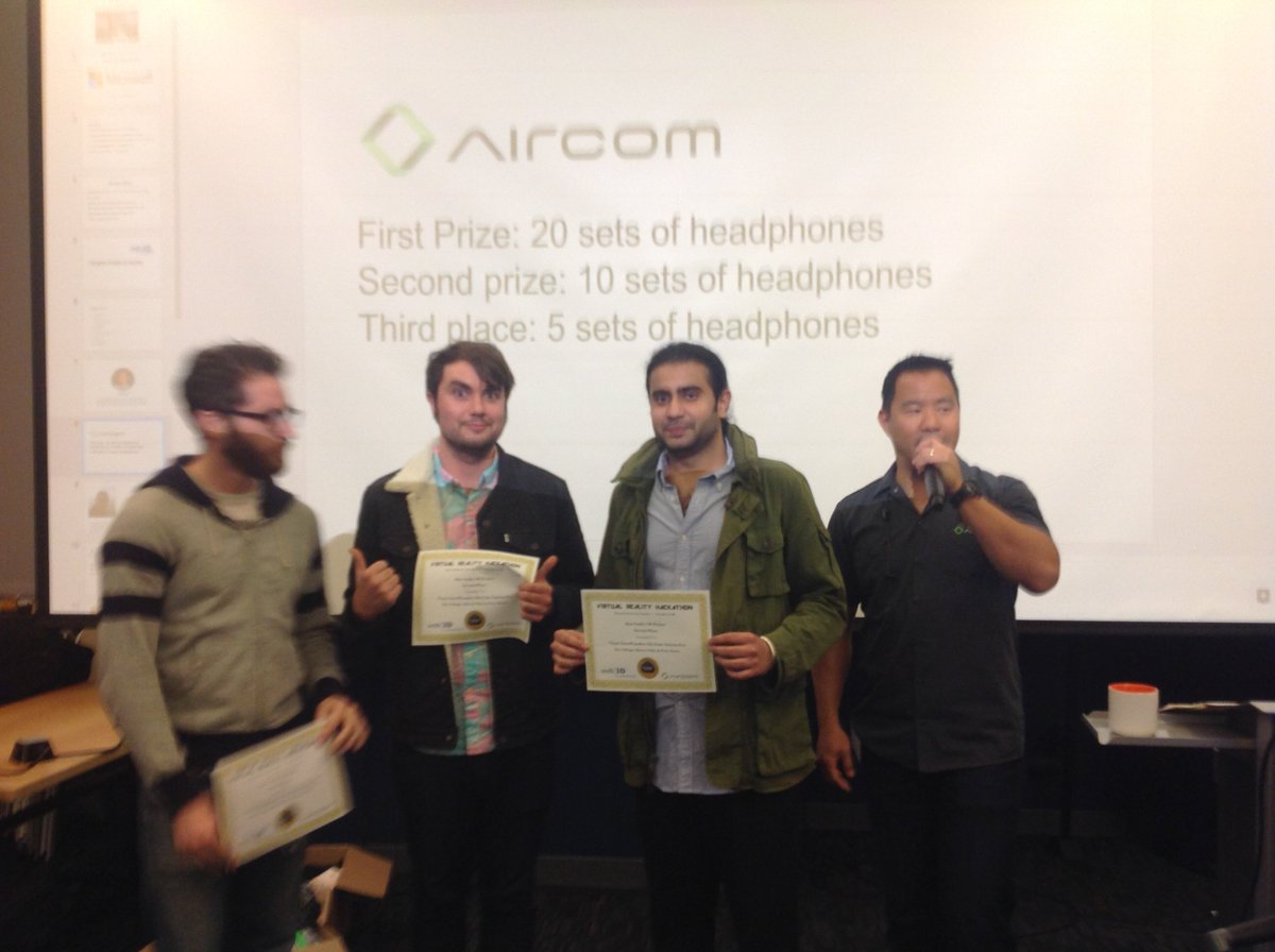 Web3DConsortium's tweet photo. Award Ceremony @vrhackathon San Francisco 4 DEC 2016, Team "InterParadox On-Line Interactive" 2nd Place, Best Audio https://t.co/zLZWS02Vkf https://t.co/H0ZNmntPTN