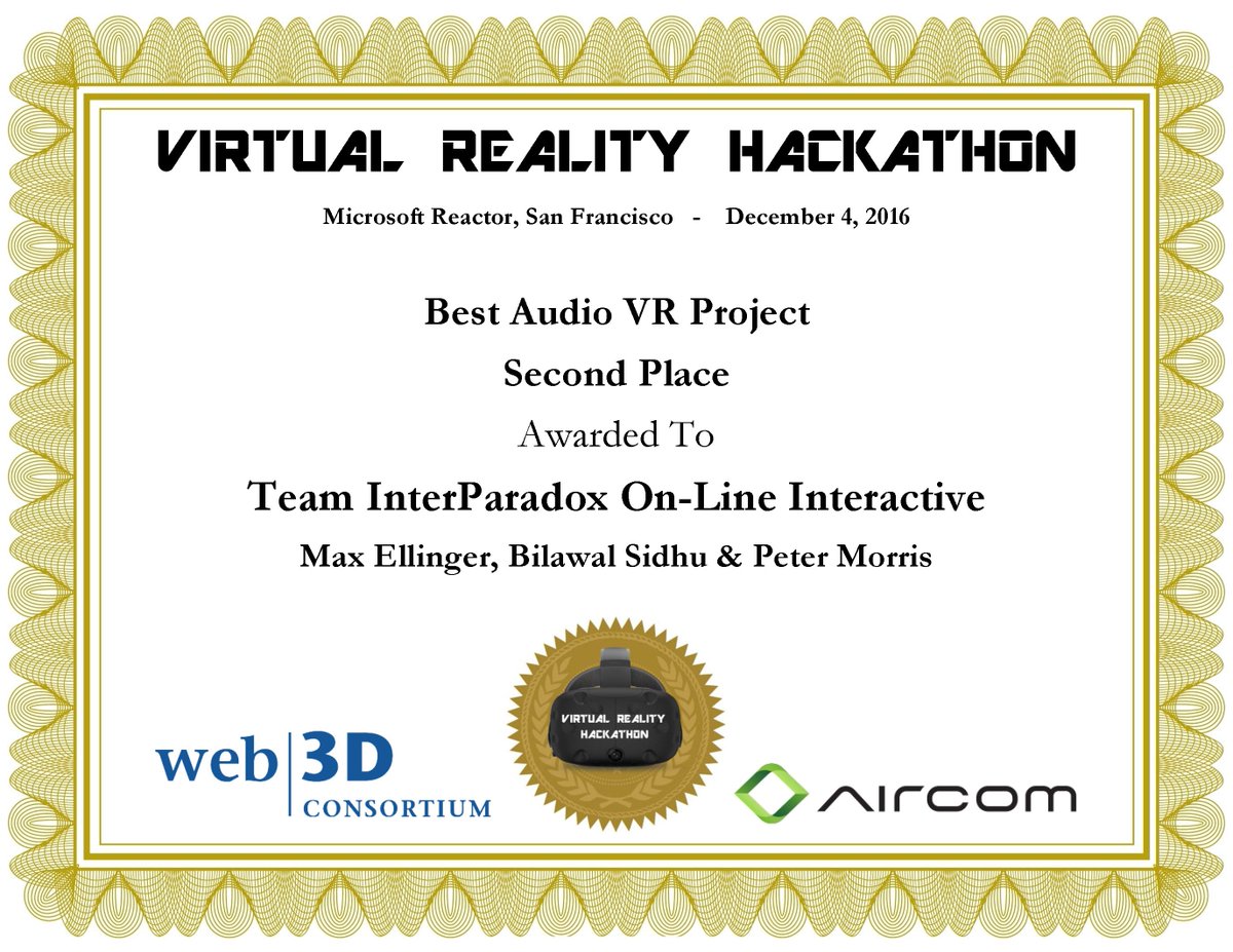 Award Ceremony <a href="/vrhackathon/">VR Hackers</a> San Francisco 4 DEC 2016, Team "InterParadox On-Line Interactive" 2nd Place, Best Audio devpost.com/software/branc…