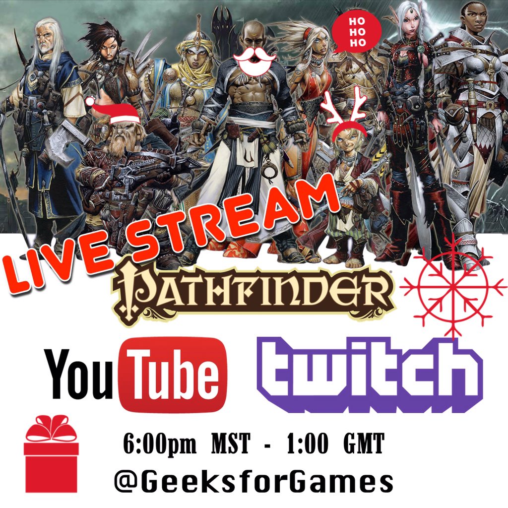 geeksforgames's tweet photo. 🕑Tuesday, Dec. 20
Tonight is our very Merry Holiday Special⌚️on #YouTube or #Twitch #livestream #holiday #dnd #game #christmas #pathfinder https://t.co/uKr9HA7mXQ