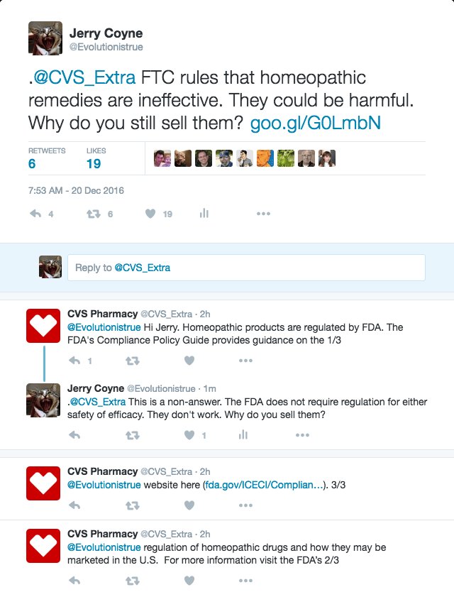 Evolutionistrue's tweet photo. CVS’s non-response about their sale of homeopathic “medicine” https://t.co/G2UAWtBPQV https://t.co/pSLW6eQ99r