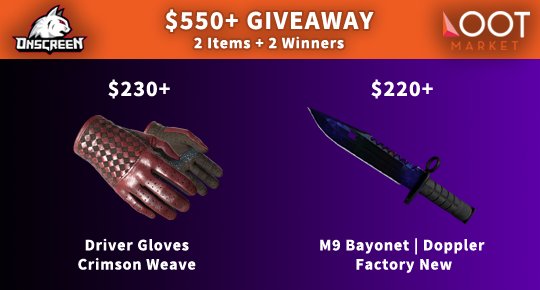 LootMarket's tweet photo. We've partnered with @onscreenlol to give away a $230 pair of CSGO gloves and $220 M9 Bayonet. https://t.co/87yOlUuH7k  GL everyone! https://t.co/V2Xnsn7fzI