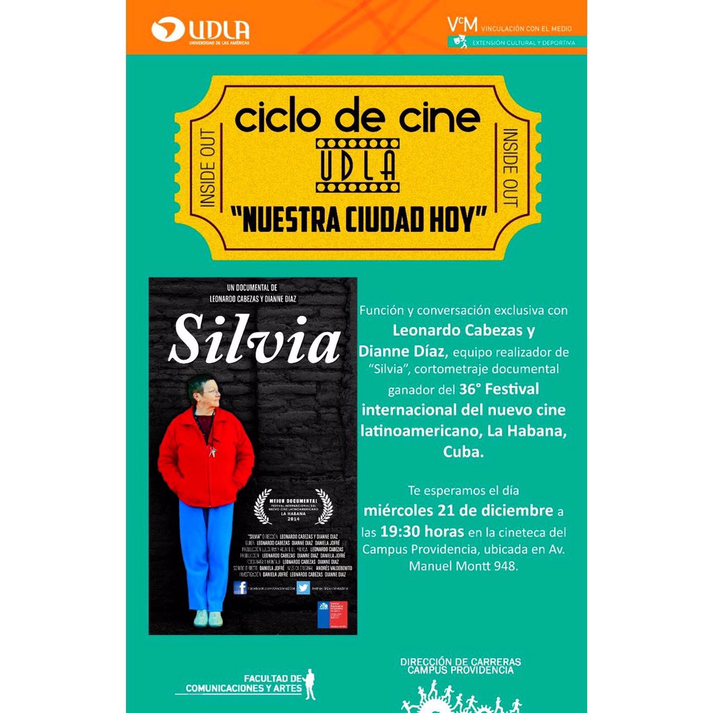 Leo_Cabezas's tweet photo. Última función del año @DocSilvia2014 mañana miércoles 19:30hrs. • gratis • @UDLA_CL (Av. Manuel Montt 948).
¡Te esperamos! #CicloDeCineUDLA https://t.co/A046JT2Ags