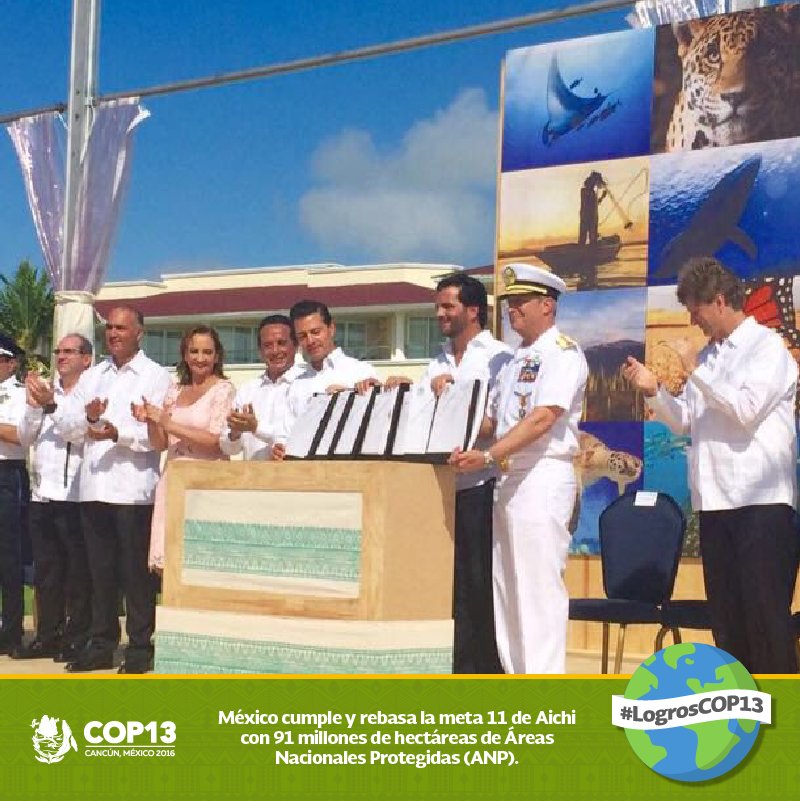 Esta meta propone que para el 2020 al menos el 17% de zonas terrestres, así como el 10% de zonas marinas, sean #ANP. #COP13 #LogrosCOP13