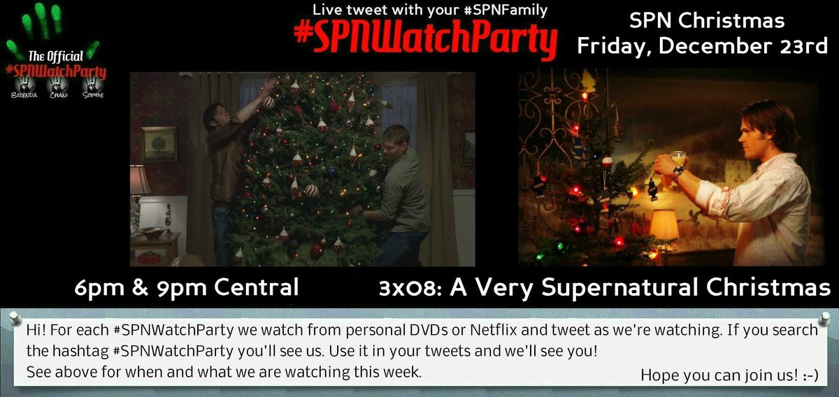 SPNWatchParty's tweet image. The Christmas #SPNWatchParty will be a double viewing so more people will have a chance to watch! Come join us Friday at 6pm or 9pm! 🎄🎅🏼