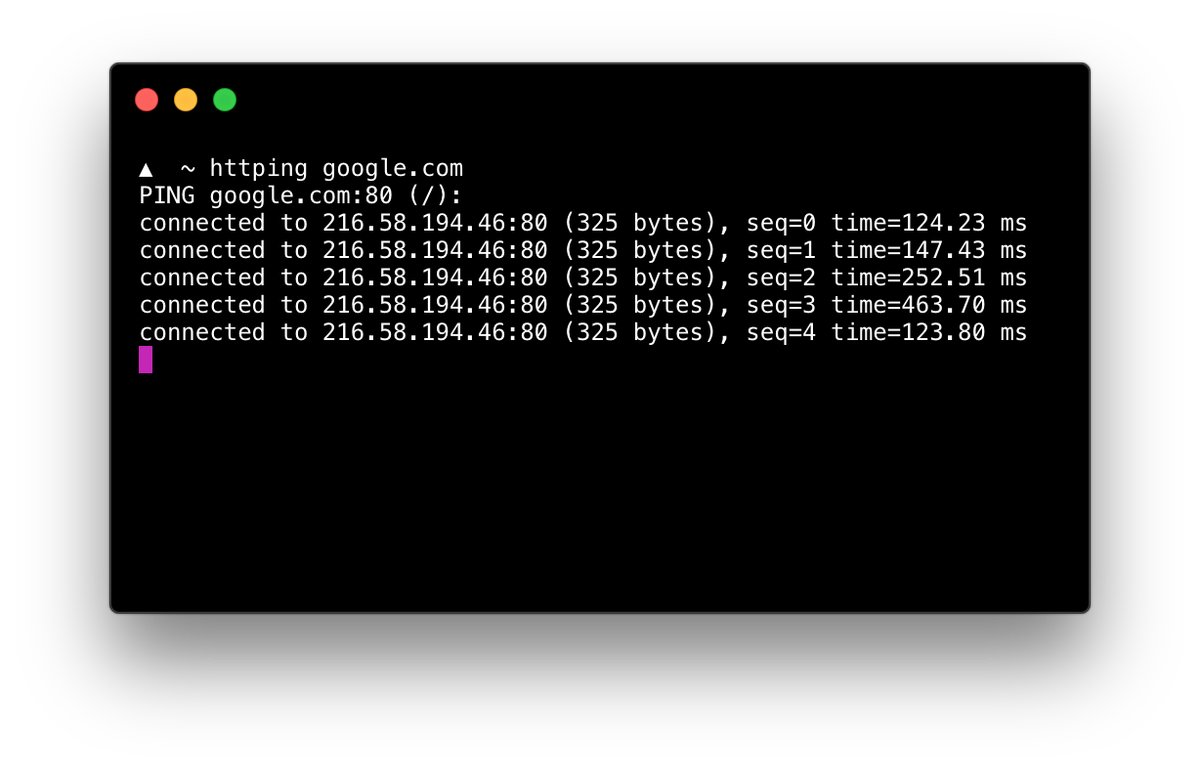 rauchg's tweet photo. When ICMP is disabled and `ping` doesn't work, try `httping` instead to measure latency.
$ brew install httping https://t.co/ZIz4JvTVQv
