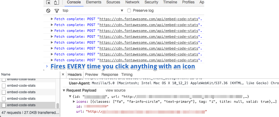 obfuscode's tweet photo. Not a fan of the FontAwesome CDN that fires a POST request EVERY time an element with an icon is clicked! https://t.co/zlPJR2awyM