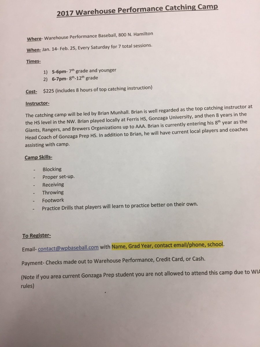 WarehousePI's tweet image. Catchers don't miss out on our Pre-season catching camp with Brian Munhall from @GonzagaPrepBB