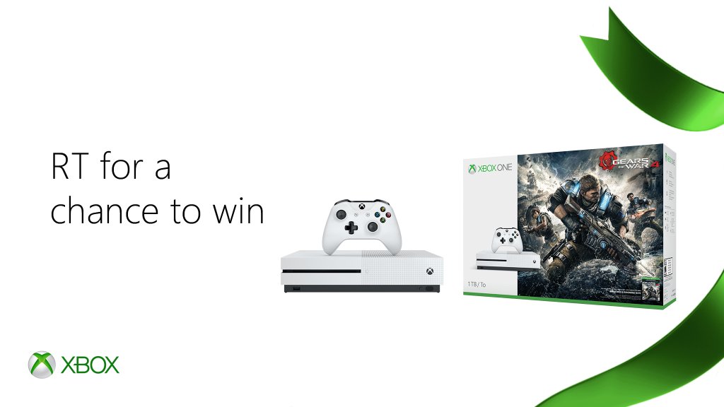 Xbox's tweet image. RT for a chance to win an #XboxOneS #GearsofWar4 [M] Bundle. #12DaysofGiving #XboxSweepstakes Rules: bit.ly/2hp2KV0