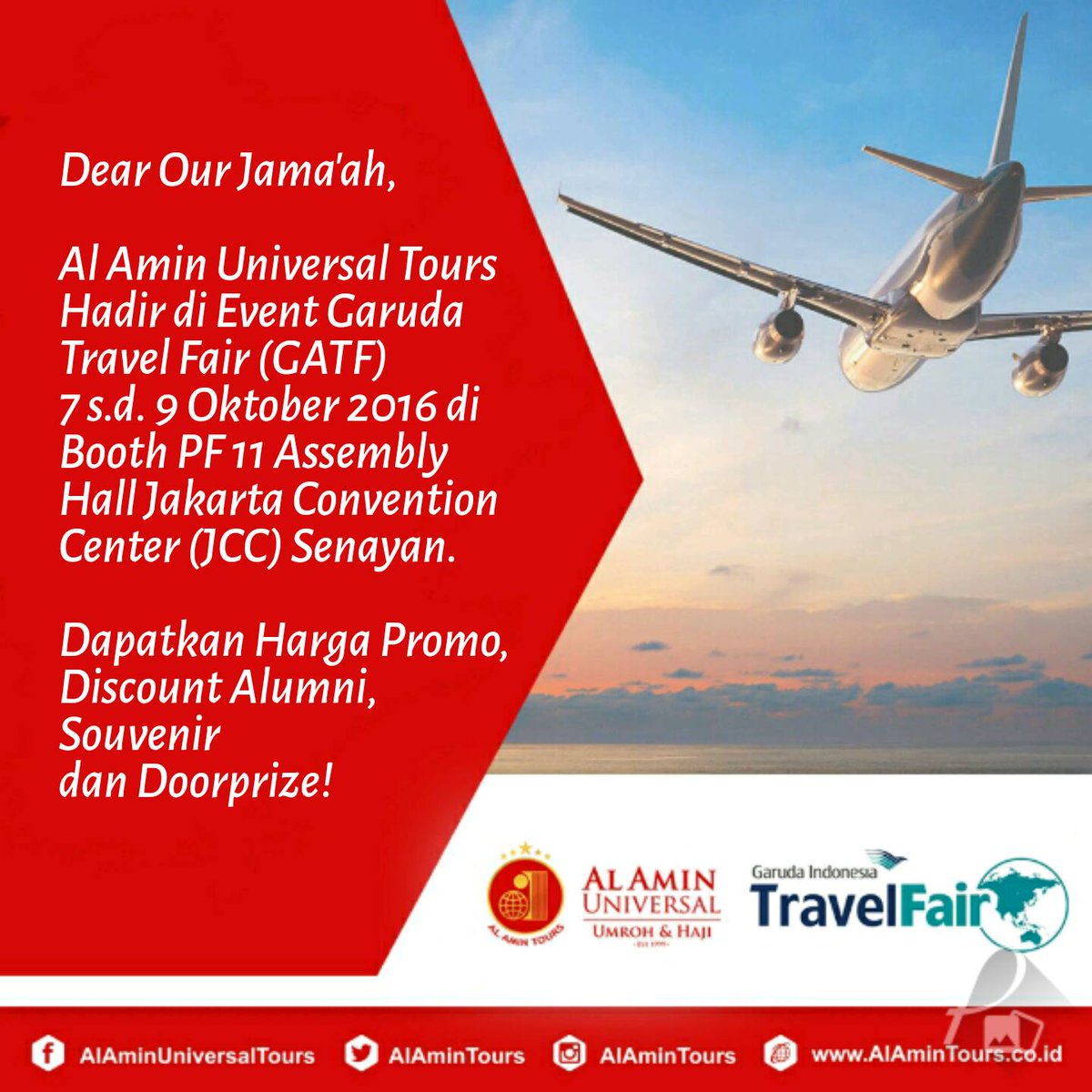 ManasikPrima's tweet photo. #AlAminTours #AlAminGroup #GATF2016 
 Dear Our Jama'ah 
 Al Amin Universal Tours Hadir di Event Garuda Travel Fair (GATF) https://t.co/AkT4jyWXG6