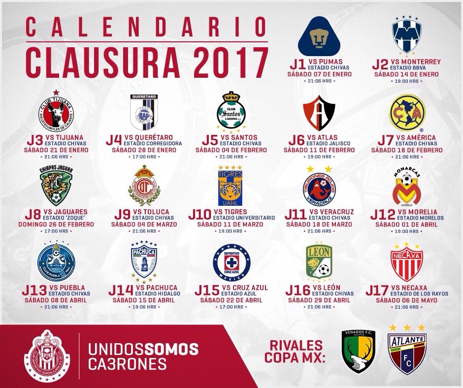 SigueaChivas's tweet photo. El calendario completo de Chivas de cara al clausura 2017. #UnidosSomosCa3rones https://t.co/pin0Klukrq