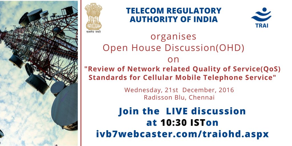 TRAI's tweet image. Discussion is #LIVE.
Raise your questions , replies from #telecomServiceProviders and #ChairmanTRAI @rssharma3