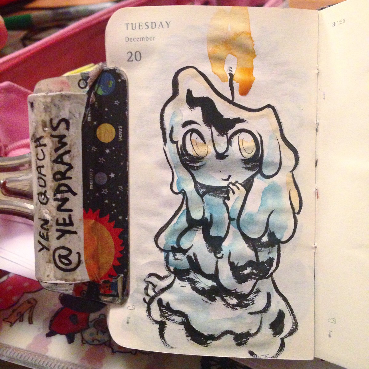 YenDraws's tweet photo. Warm and cozy #illustration #draweveryday #ded2016 #moleskine #kuretake #art #brushpen #watercolor #monstergirl #characterdesign https://t.co/ATmqCPbXWF